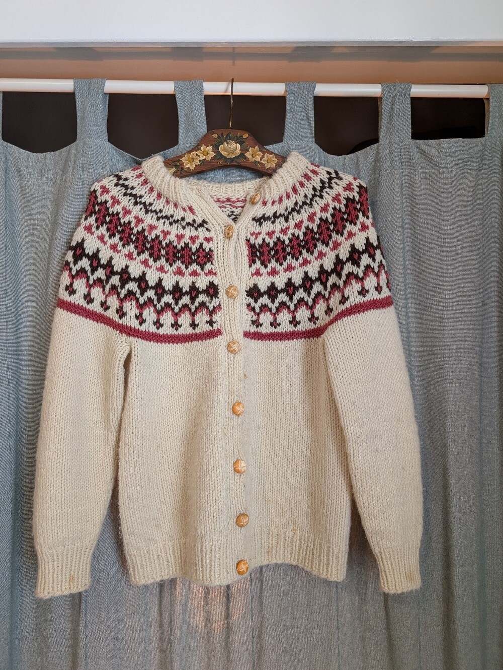 Cream Fair Isle Wool Button-Up Sweater Cardigan with Pink & Black Pattern